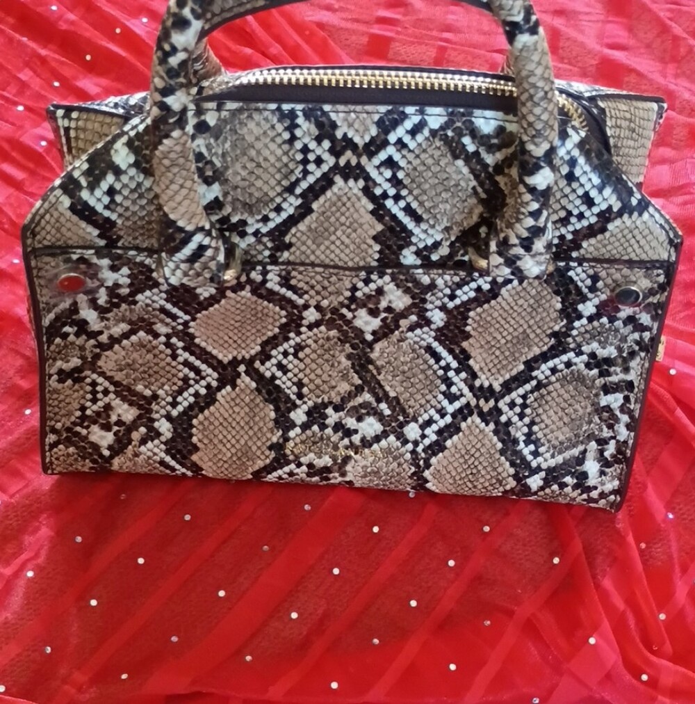 Kate Landry Beige and Black Snake-Print Top-Handle Satchel